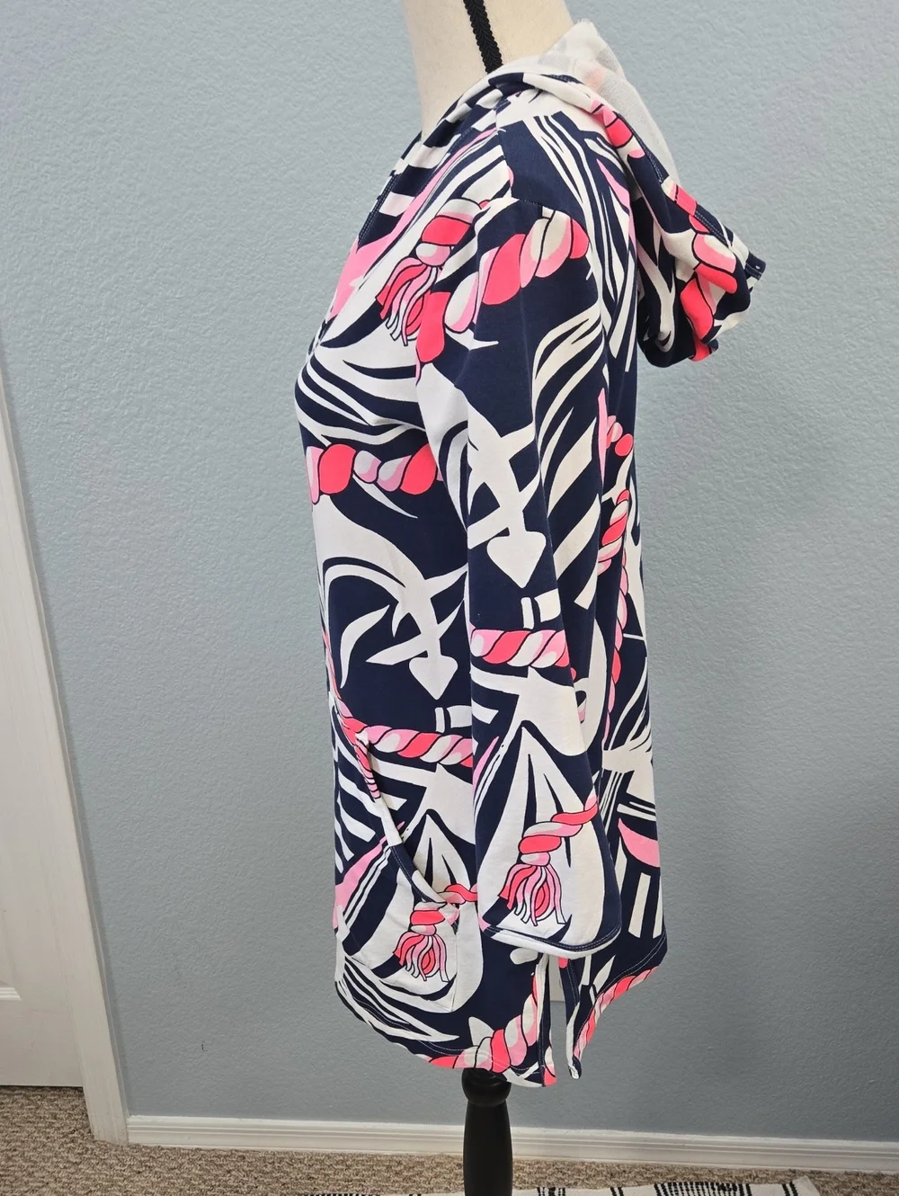 BARBARA GERWIT Cover Up Tunic Top Hoodie Anchor Rope Print Large Pink Blue Retro